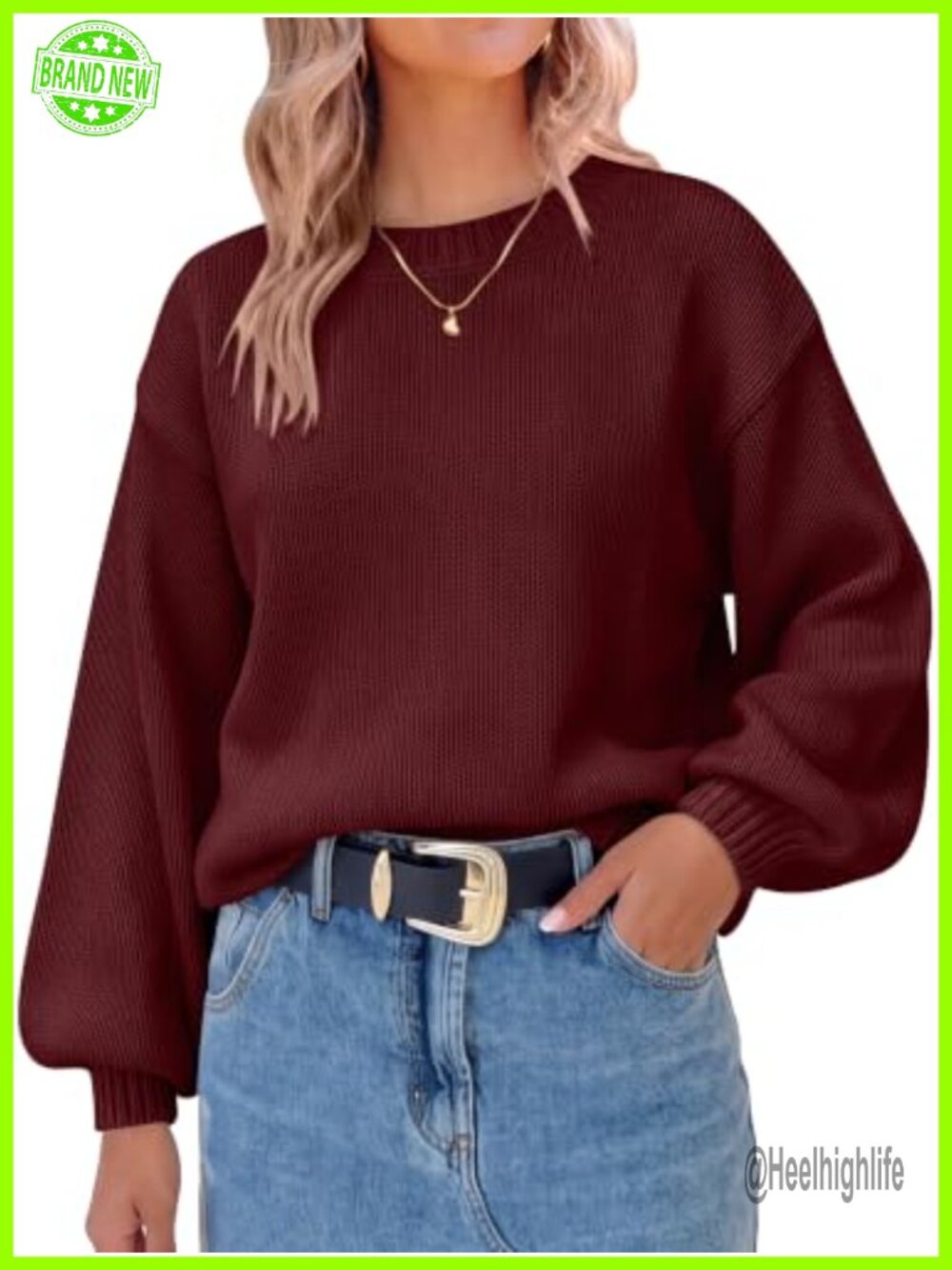 Women's Oversized Long Sleeve Knit Sweater Lantern Sleeve Crew Neck Pullover